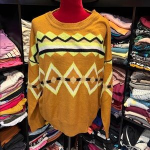 #80. Ultra Flirt Brown and Yellow Geometric Crewneck Sweater